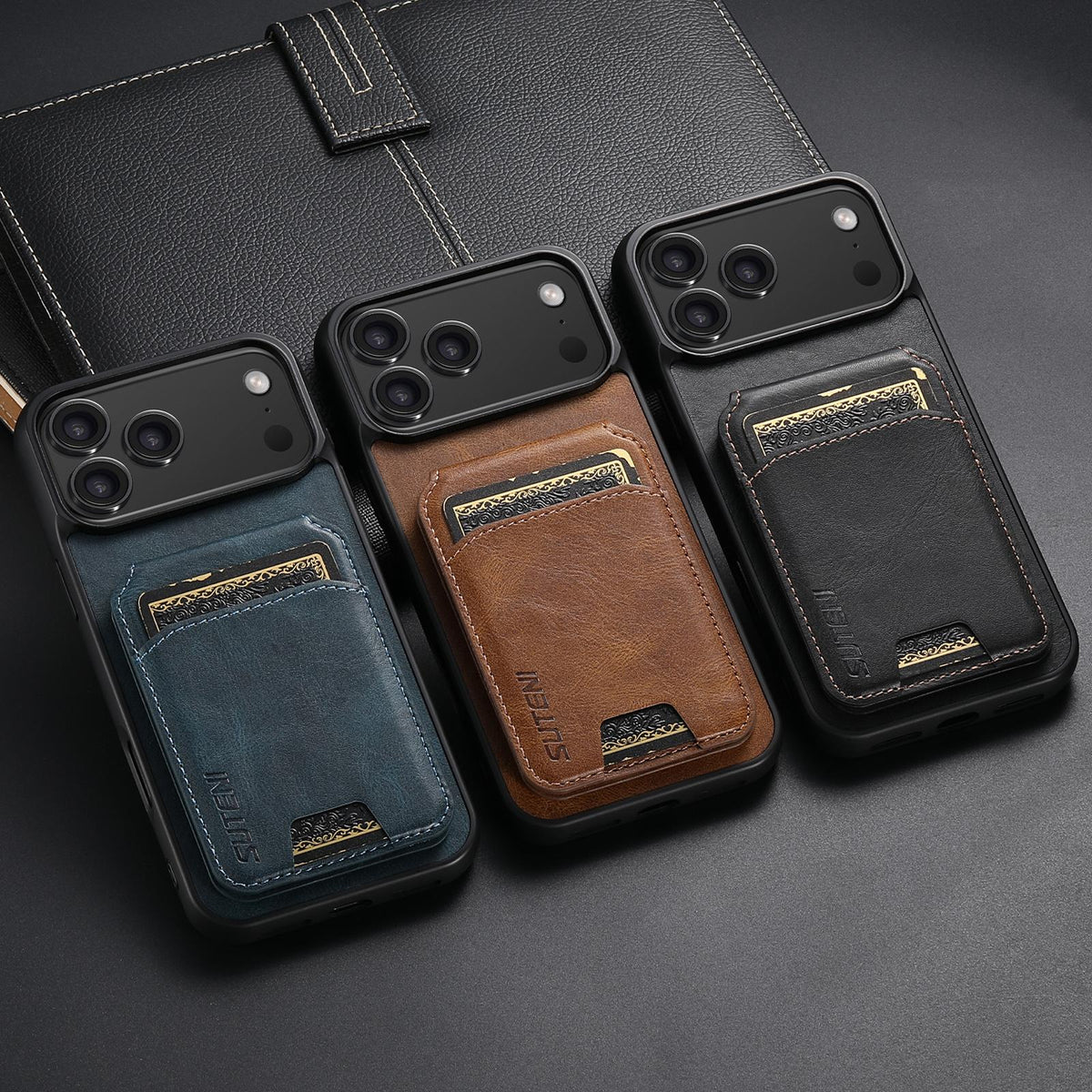 Compatible with iPhone 18 Pro Max Suteni H02 Leather Wallet Stand Back Phone Case - Black