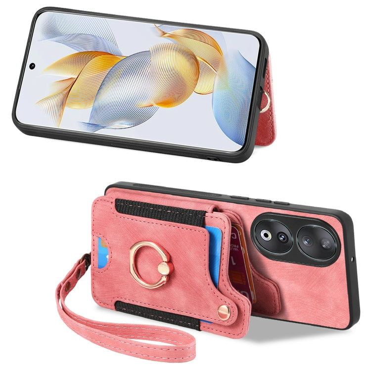 For Honor 90 Retro Skin-feel Ring Multi-card RFID Wallet Phone Case(Pink)