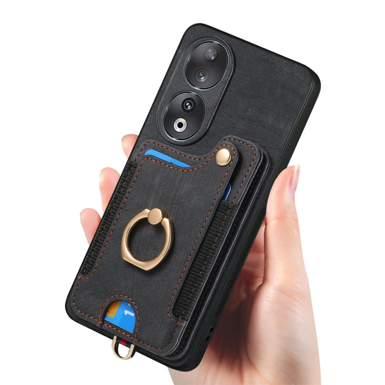 For Honor 90 Retro Skin-feel Ring Multi-card RFID Wallet Phone Case(Black)