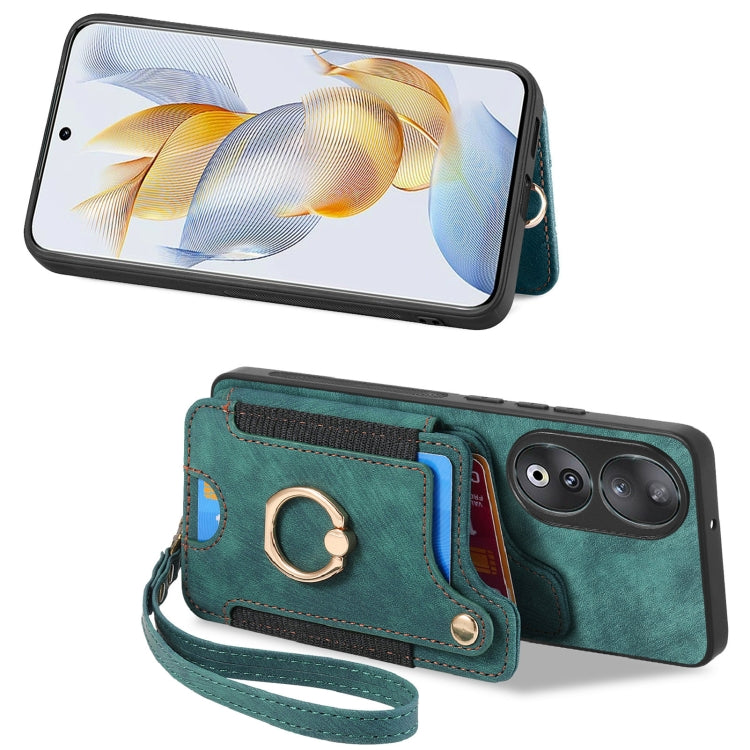 For Honor 90 Retro Skin-feel Ring Multi-card RFID Wallet Phone Case(Green)