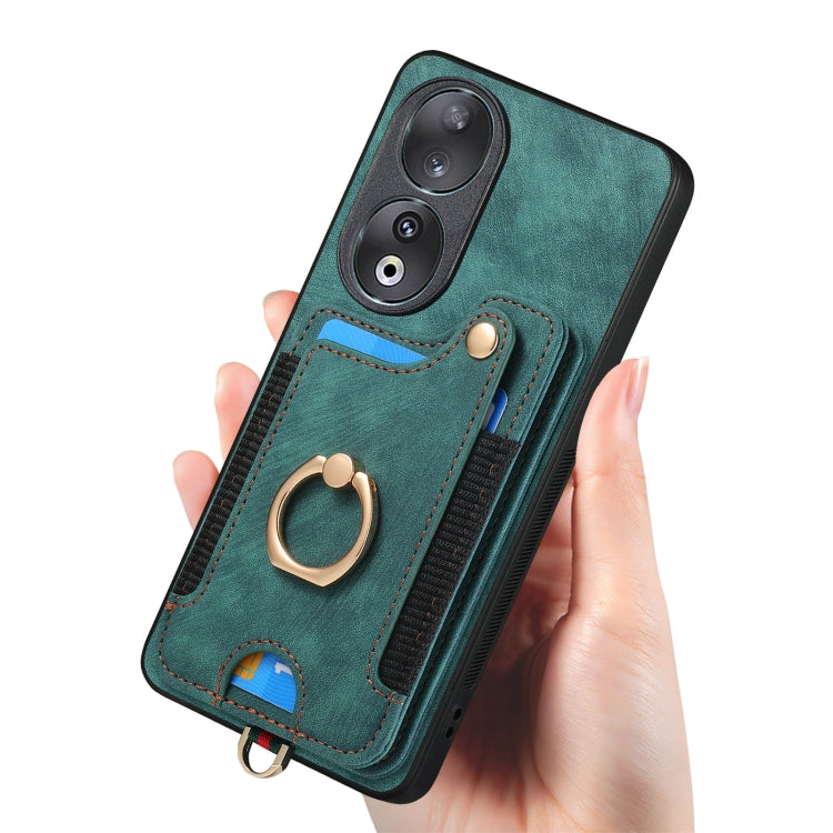 For Honor 90 Retro Skin-feel Ring Multi-card RFID Wallet Phone Case(Green)
