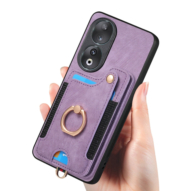 For Honor 90 Retro Skin-feel Ring Multi-card RFID Wallet Phone Case(Purple)