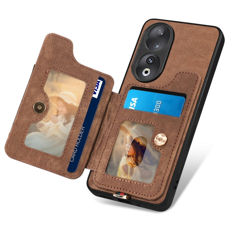 For Honor 90 Retro Skin-feel Ring Multi-card RFID Wallet Phone Case(Brown)