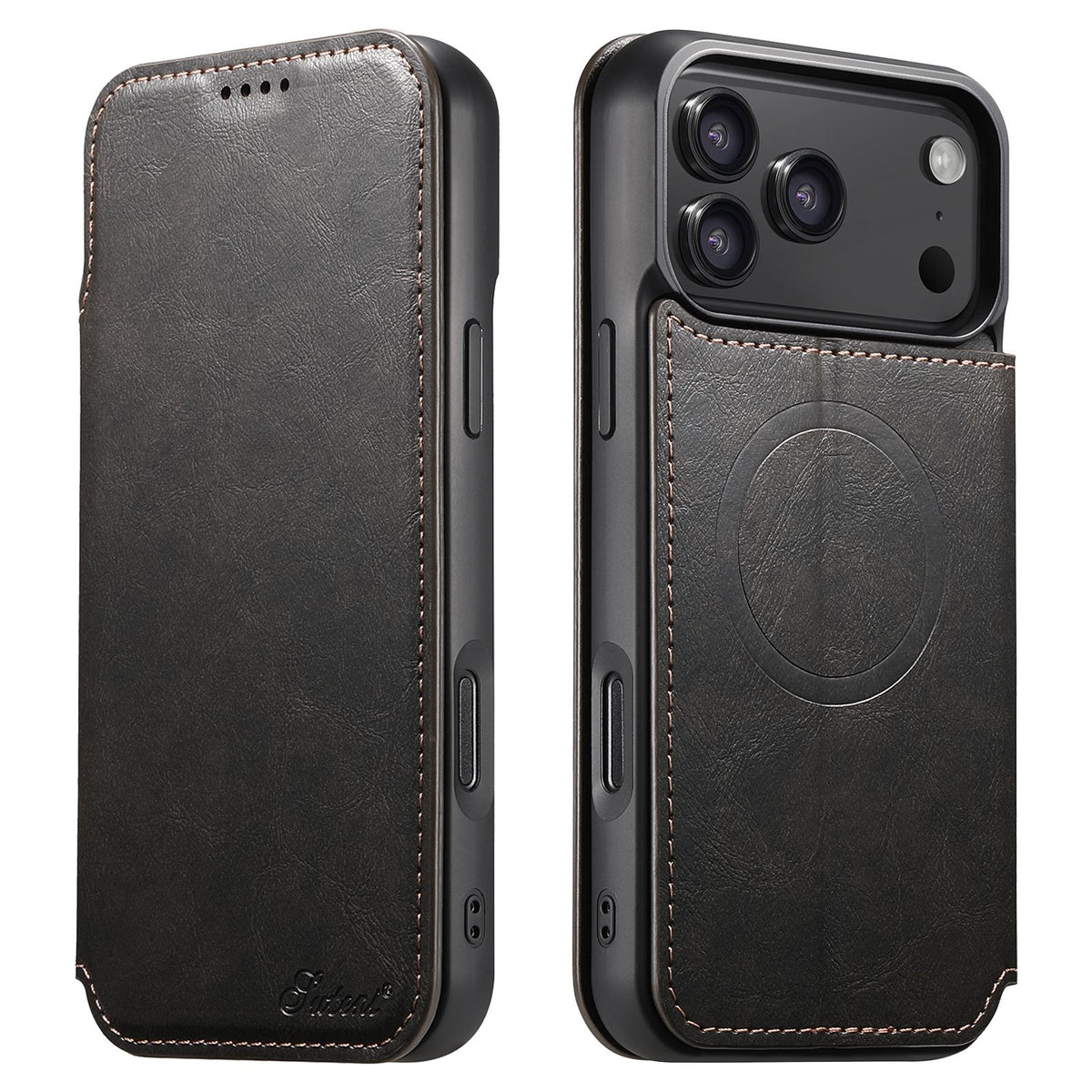 Compatible with iPhone 18 Pro Suteni J05 Leather Magnetic MagSafe Phone Case - Black