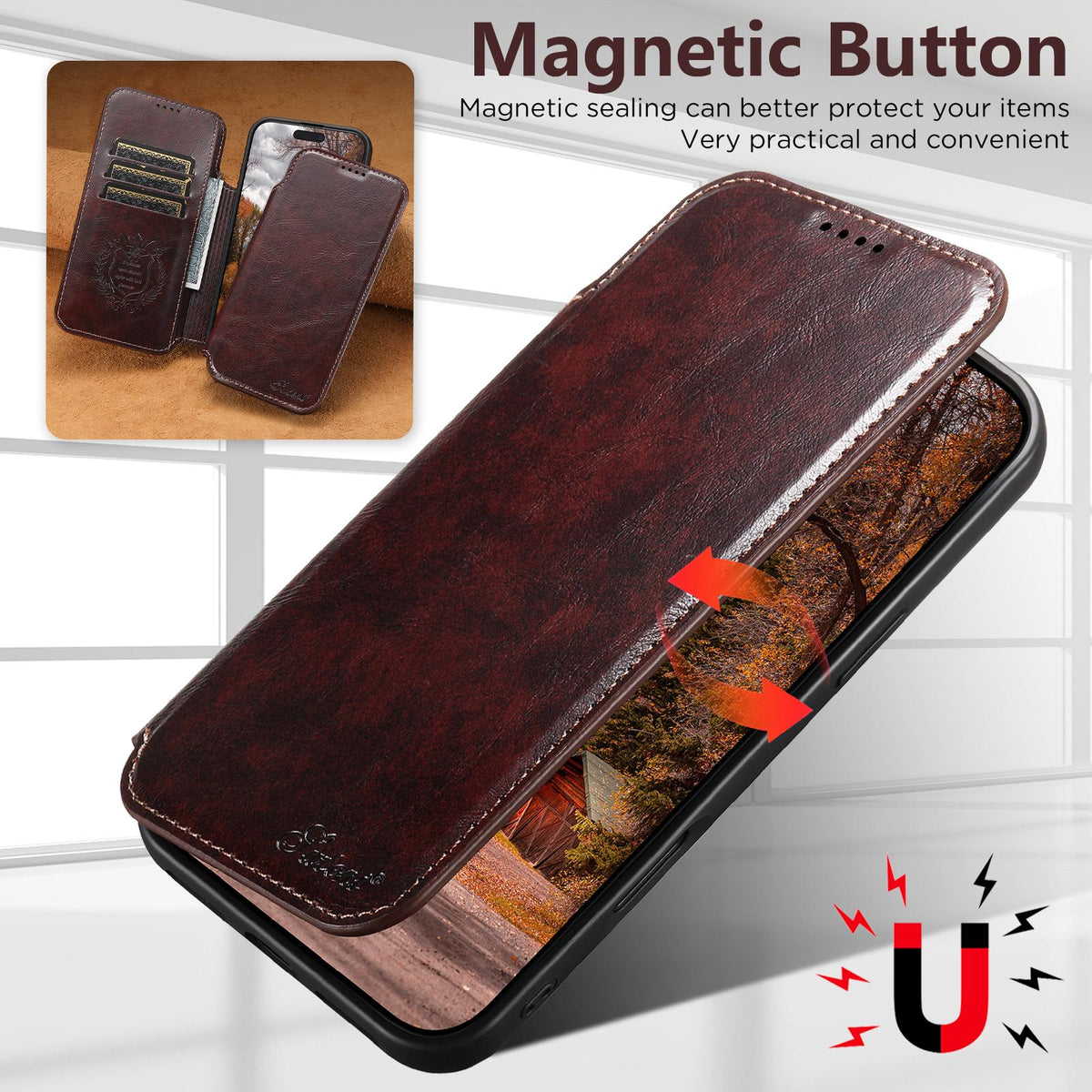 Compatible with iPhone 18 Pro Suteni J05 Leather Magnetic MagSafe Phone Case - Brown
