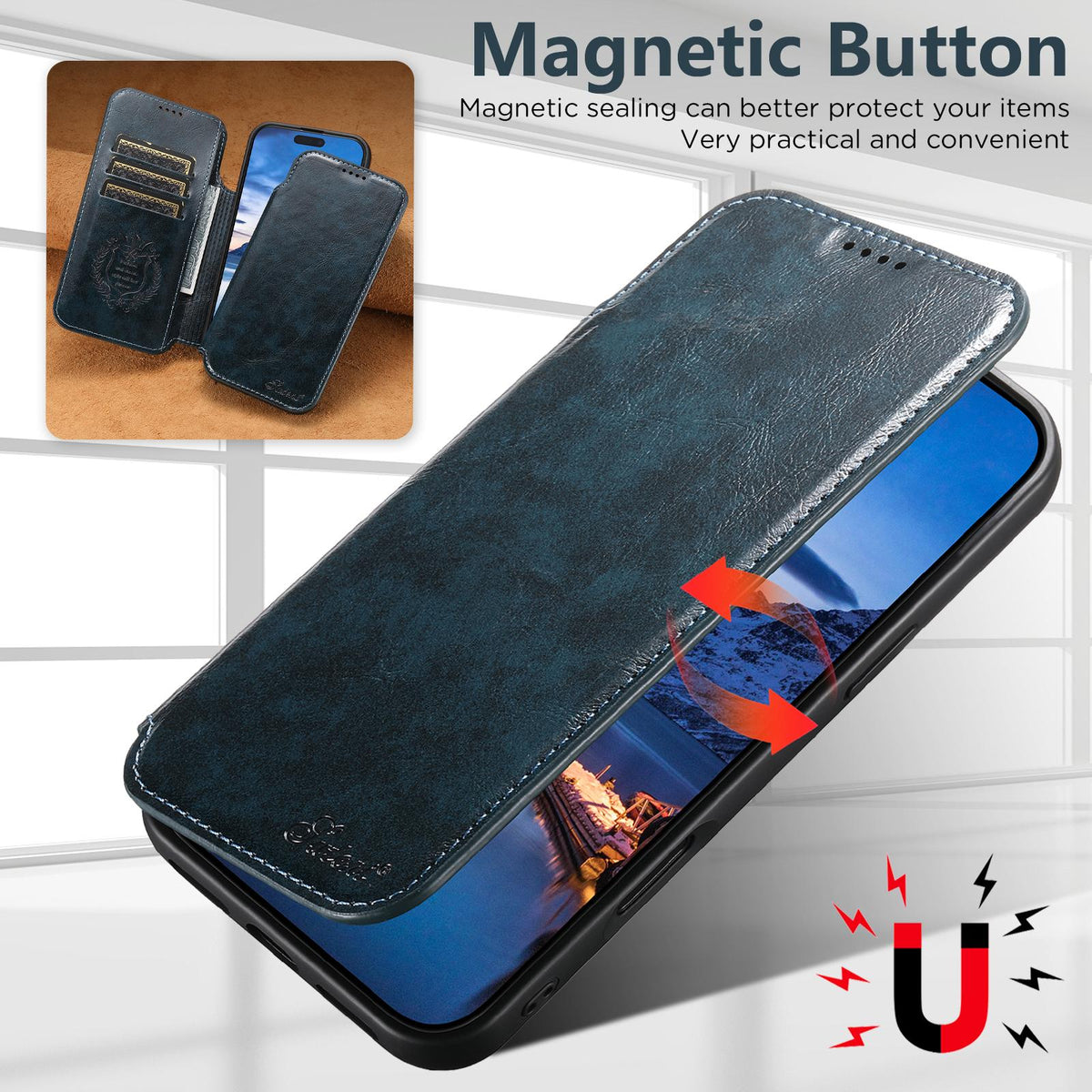 Compatible with iPhone 18 Pro Suteni J05 Leather Magnetic MagSafe Phone Case - Blue