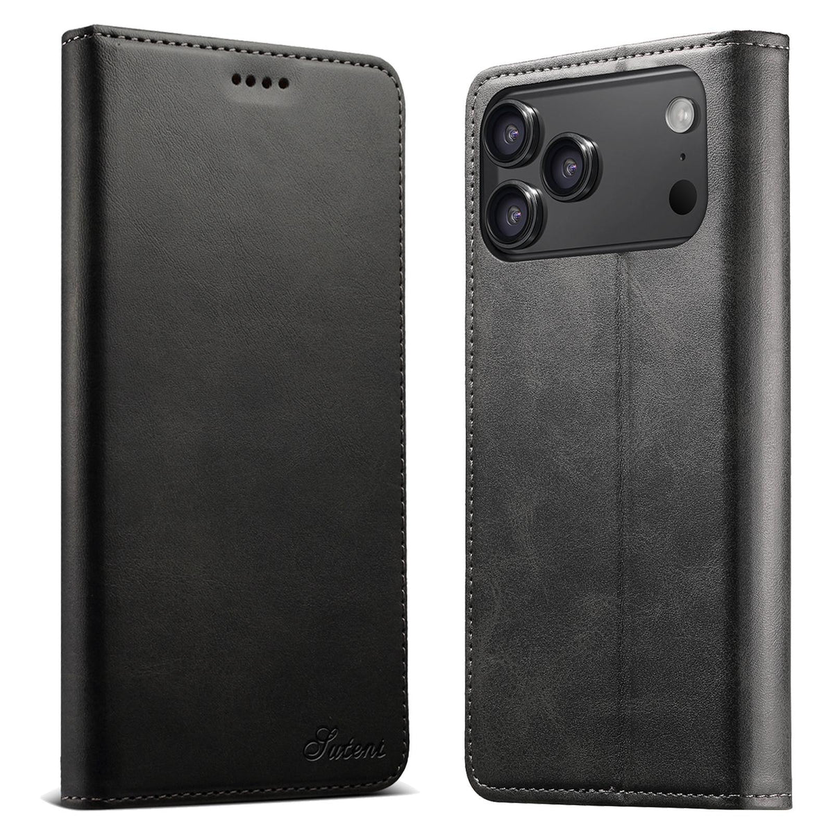 Compatible with iPhone 18 Pro Max Suteni Calf Texture Horizontal Flip Leather Phone Case - Black