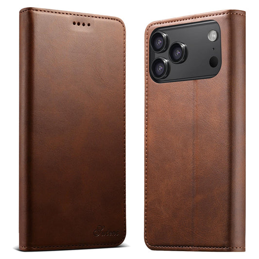 Compatible with iPhone 18 Pro Max Suteni Calf Texture Horizontal Flip Leather Phone Case - Brown