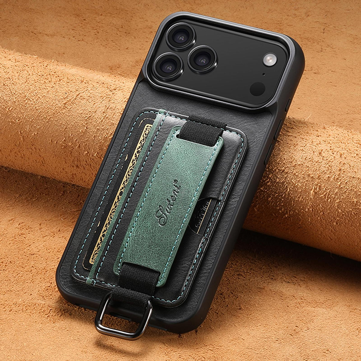 Compatible with iPhone 18 Pro Max Suteni H13 Card Wallet Wrist Strap Holder PU Phone Case - Black