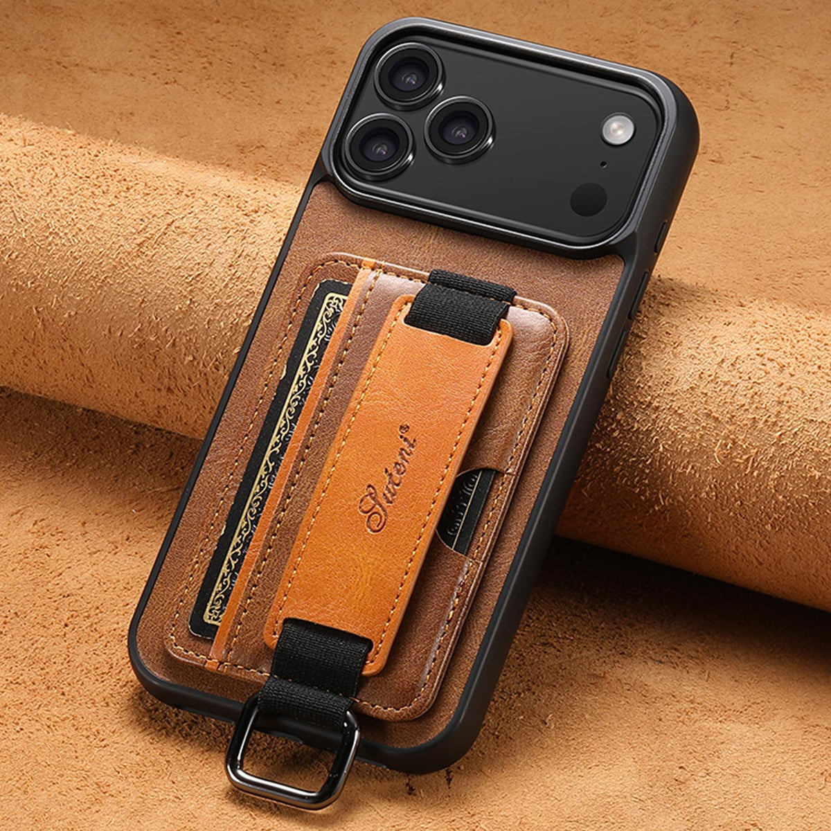 Compatible with iPhone 18 Pro Max Suteni H13 Card Wallet Wrist Strap Holder PU Phone Case - Brown