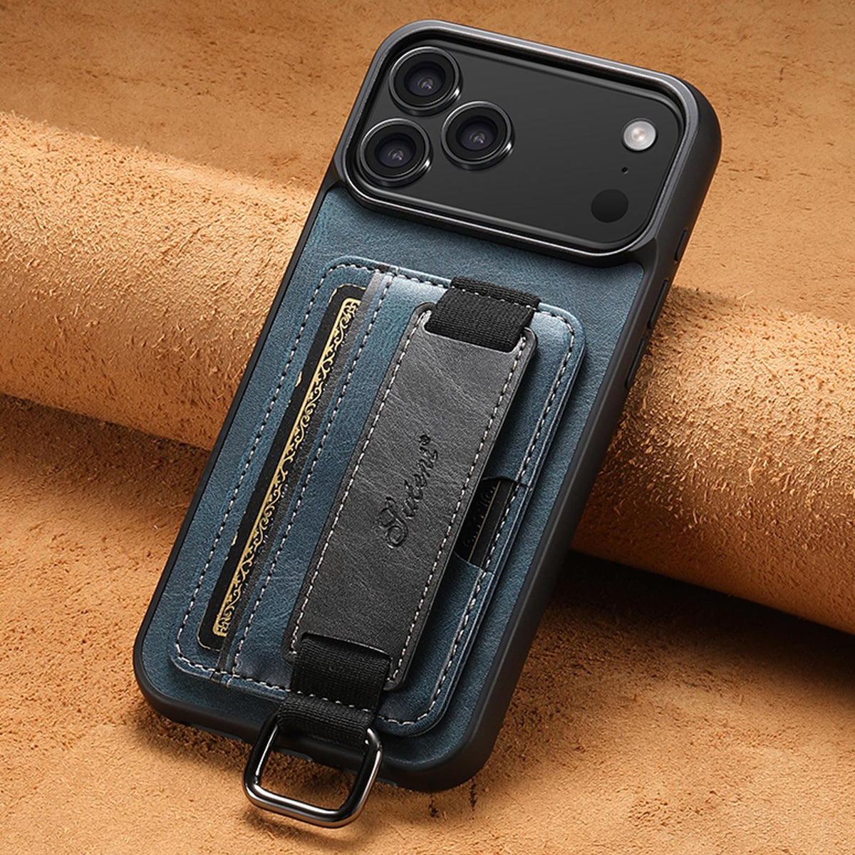 Compatible with iPhone 18 Pro Max Suteni H13 Card Wallet Wrist Strap Holder PU Phone Case - Blue