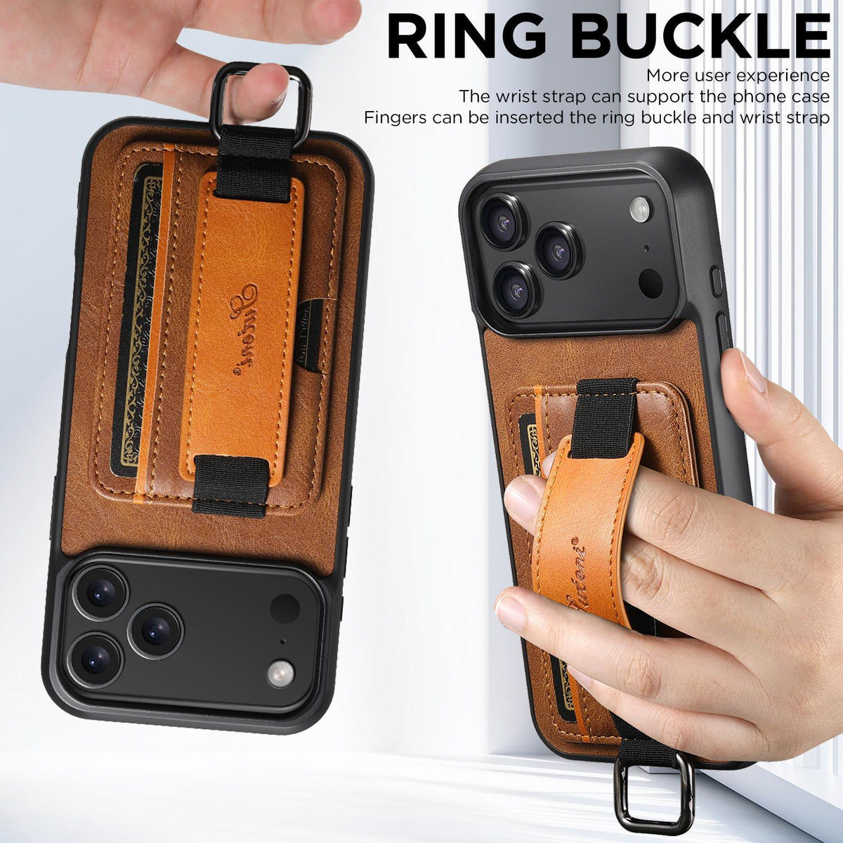 Compatible with iPhone 18 Pro Suteni H13 Card Wallet Wrist Strap Holder PU Phone Case - Brown