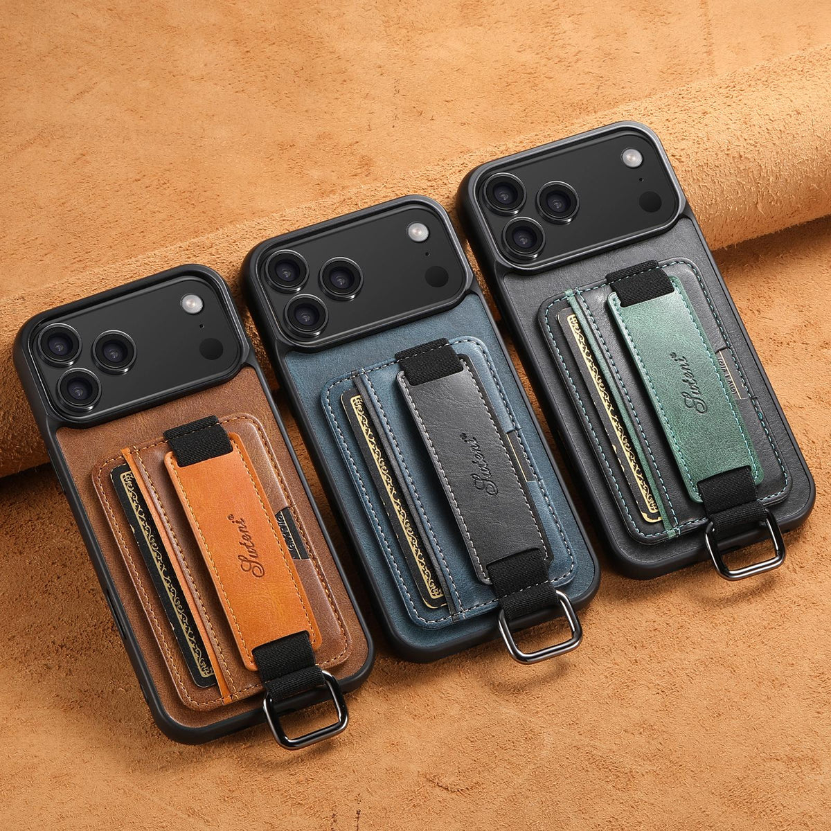Compatible with iPhone 18 Pro Max Suteni H13 Card Wallet Wrist Strap Holder PU Phone Case - Blue
