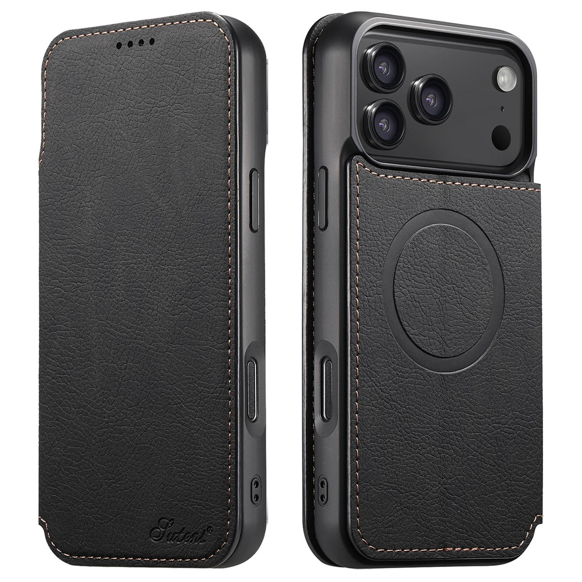 Compatible with iPhone 18 Pro Max Suteni J06 Retro Matte Litchi Texture Leather MagSafe Phone Case - Black