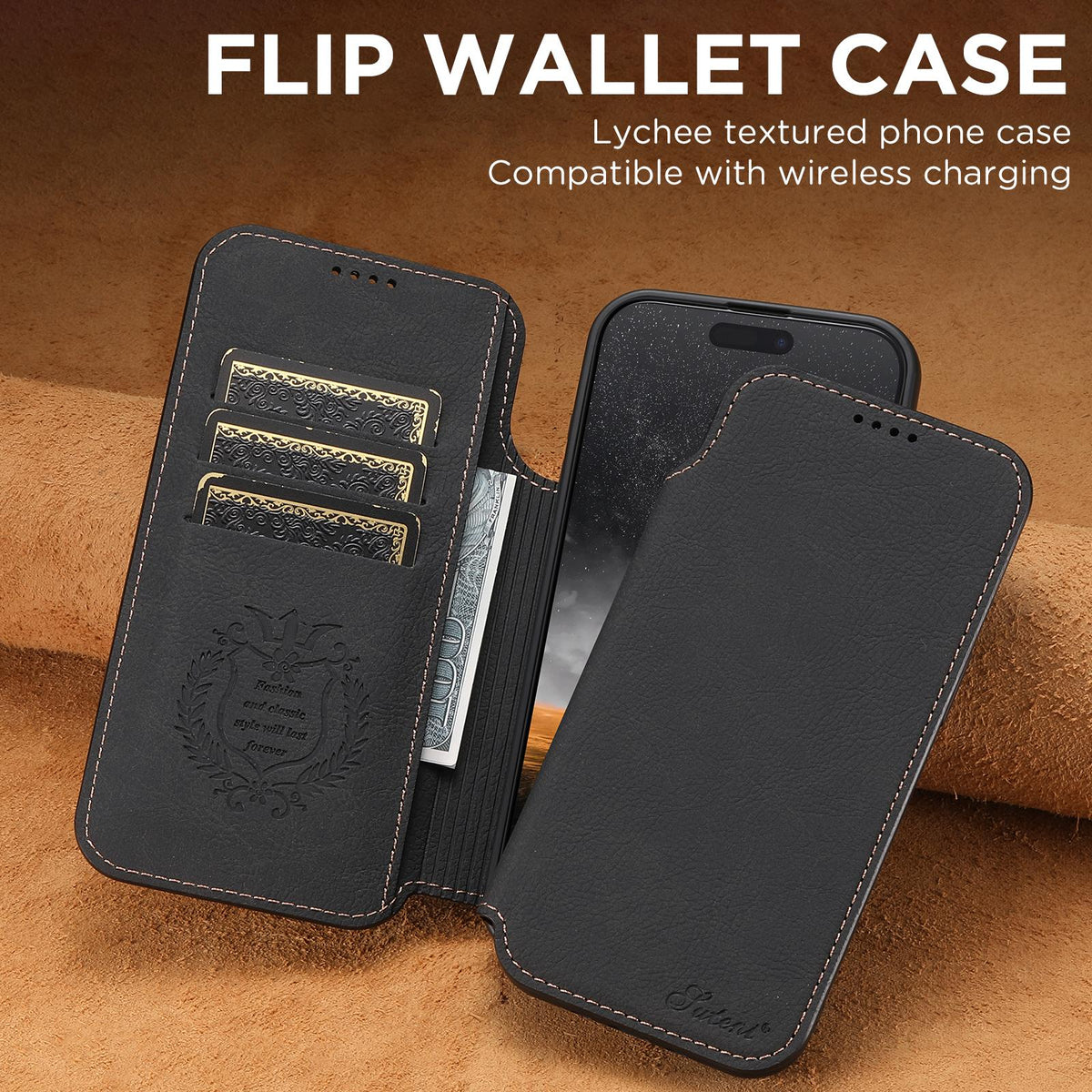 Compatible with iPhone 18 Pro Max Suteni J06 Retro Matte Litchi Texture Leather MagSafe Phone Case - Black