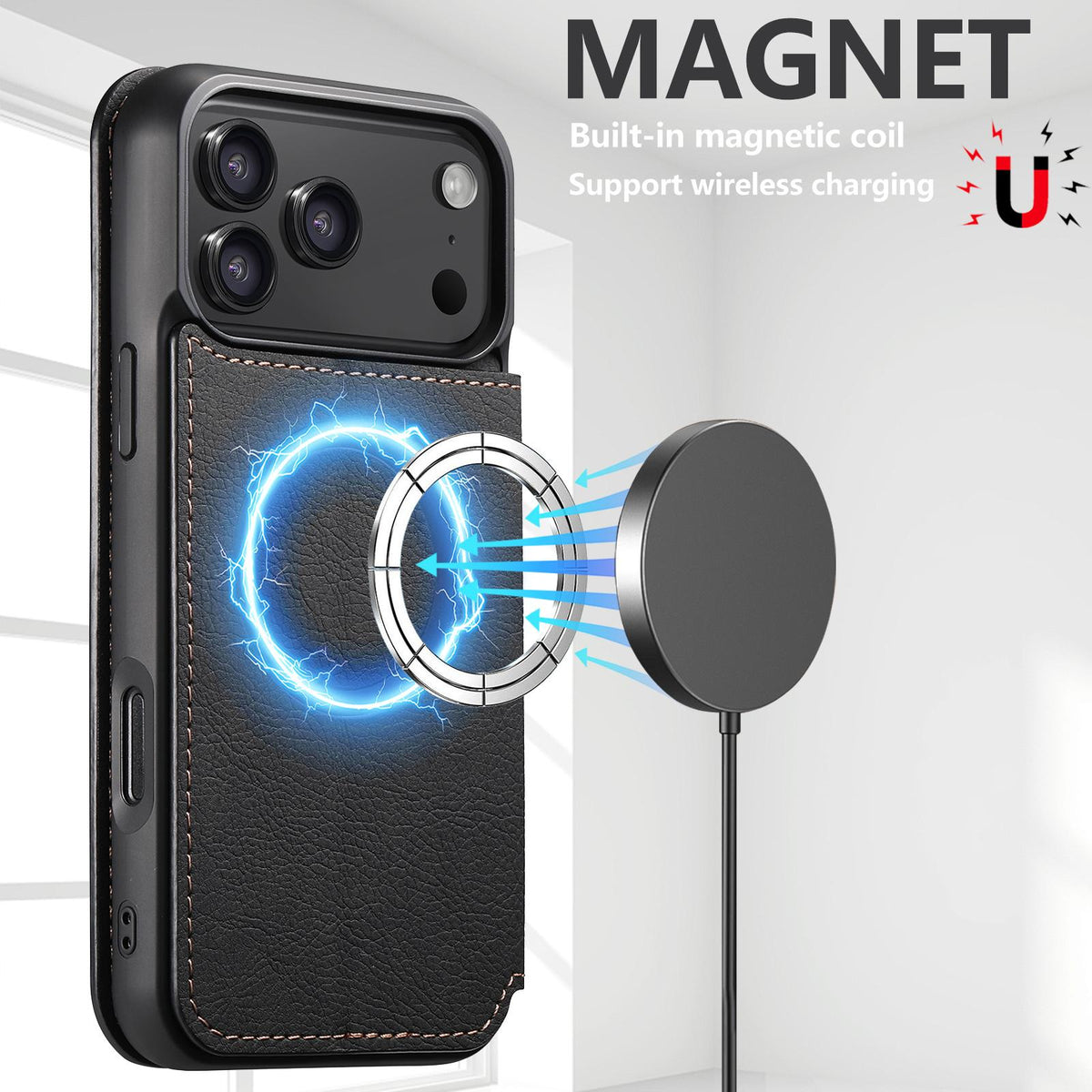 Compatible with iPhone 18 Pro Max Suteni J06 Retro Matte Litchi Texture Leather MagSafe Phone Case - Black