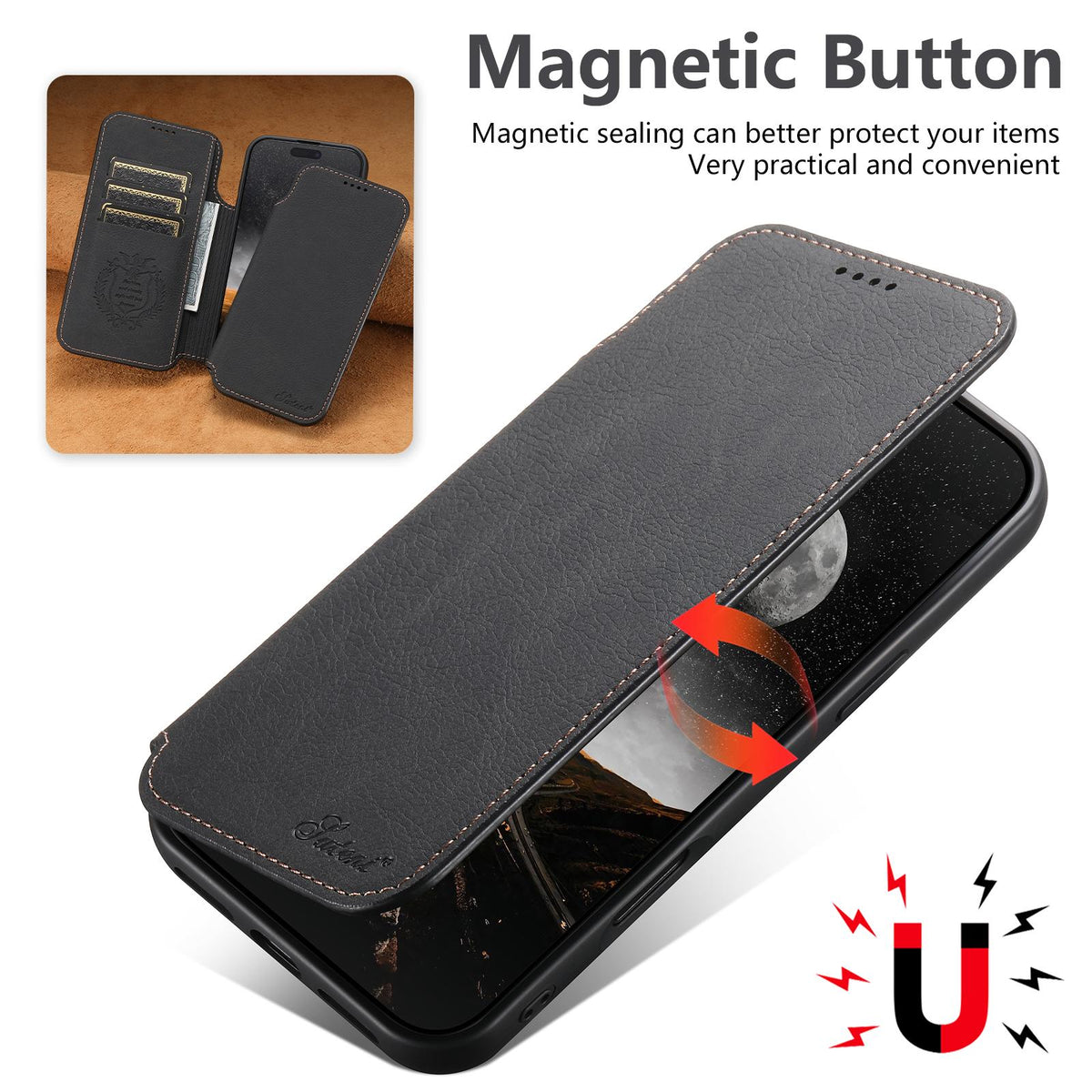 Compatible with iPhone 18 Pro Max Suteni J06 Retro Matte Litchi Texture Leather MagSafe Phone Case - Black