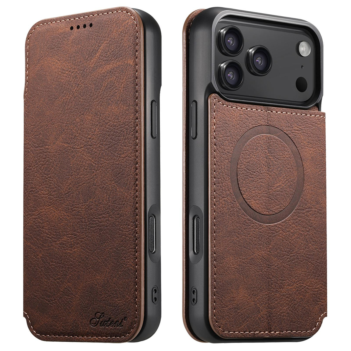 Compatible with iPhone 18 Pro Max Suteni J06 Retro Matte Litchi Texture Leather MagSafe Phone Case - Brown