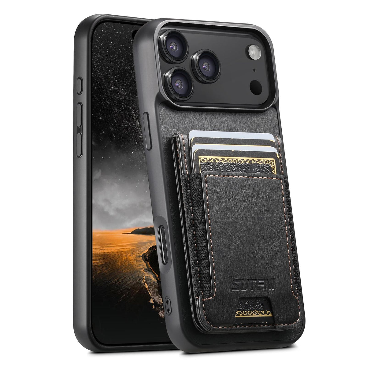 Compatible with iPhone 18 Pro Max Suteni H03 Oil Wax Leather Wallet Stand Back Phone Case - Black