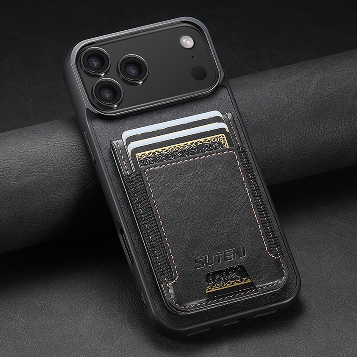 Compatible with iPhone 18 Pro Max Suteni H03 Oil Wax Leather Wallet Stand Back Phone Case - Black