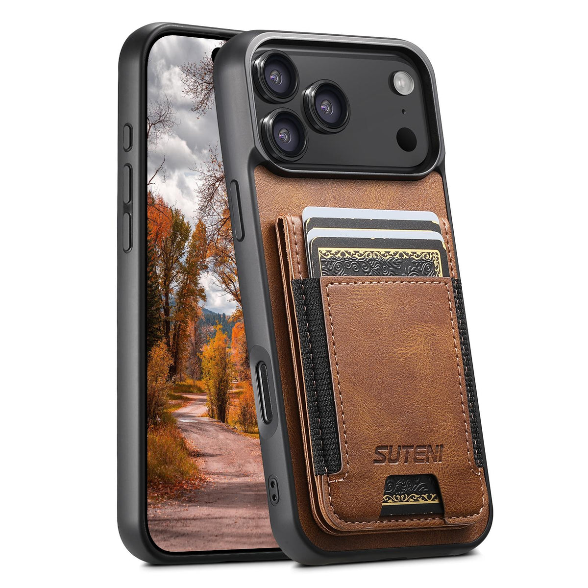 Compatible with iPhone 18 Pro Max Suteni H03 Oil Wax Leather Wallet Stand Back Phone Case - Brown