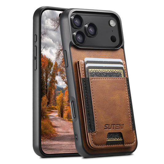 Compatible with iPhone 18 Pro Max Suteni H03 Oil Wax Leather Wallet Stand Back Phone Case - Brown