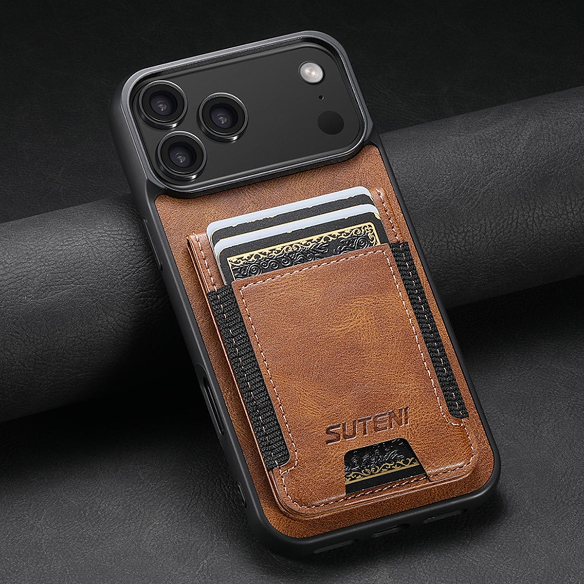Compatible with iPhone 18 Pro Max Suteni H03 Oil Wax Leather Wallet Stand Back Phone Case - Brown