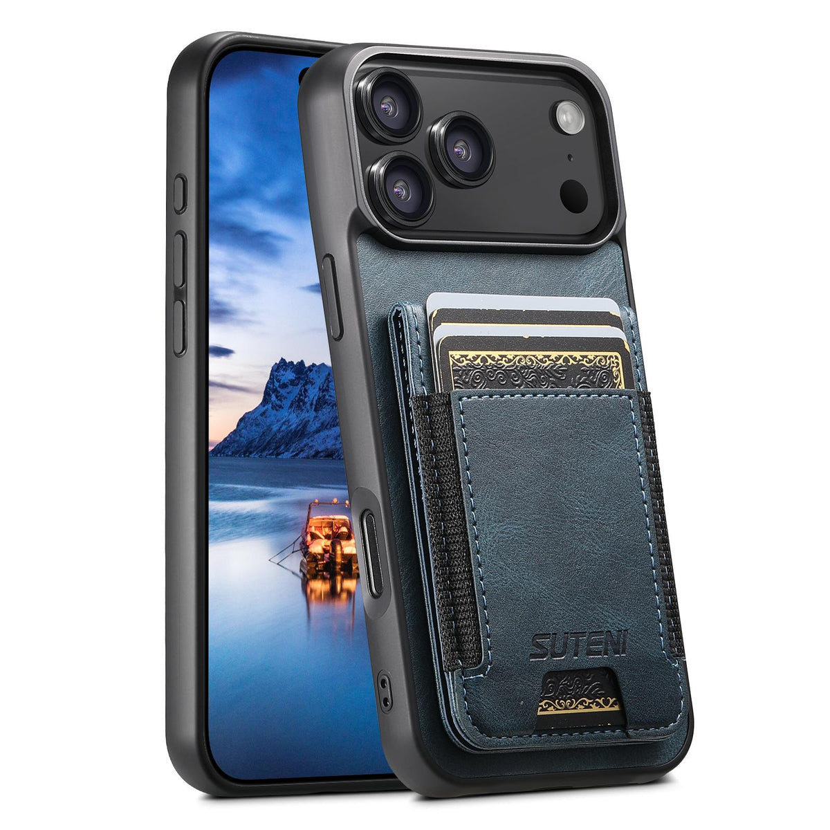 Compatible with iPhone 18 Pro Max Suteni H03 Oil Wax Leather Wallet Stand Back Phone Case - Blue