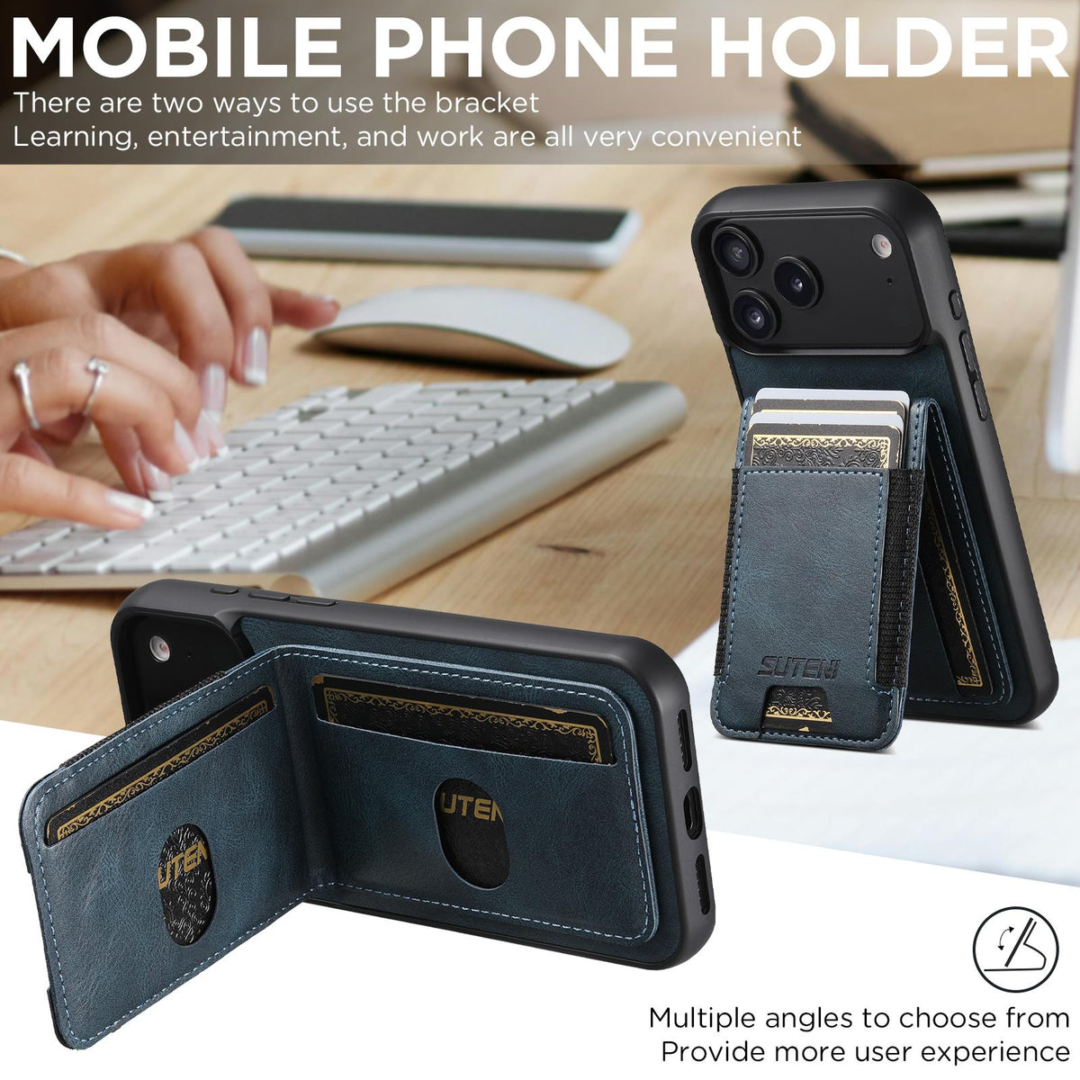 Compatible with iPhone 18 Pro Max Suteni H03 Oil Wax Leather Wallet Stand Back Phone Case - Blue