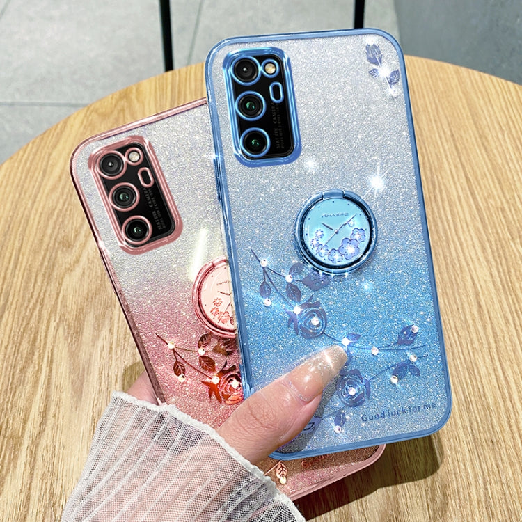 For Honor V30 Pro Gradient Glitter Immortal Flower Ring All-inclusive Phone Case(Blue)
