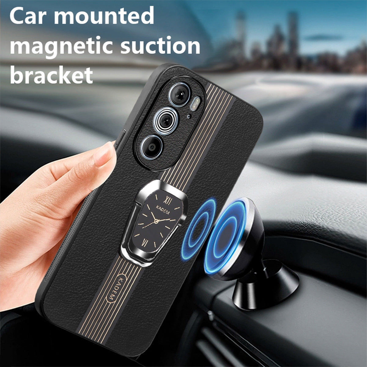 For Motorola Edge 30 Pro Magnetic Litchi Leather Back Phone Case with Holder(Black)