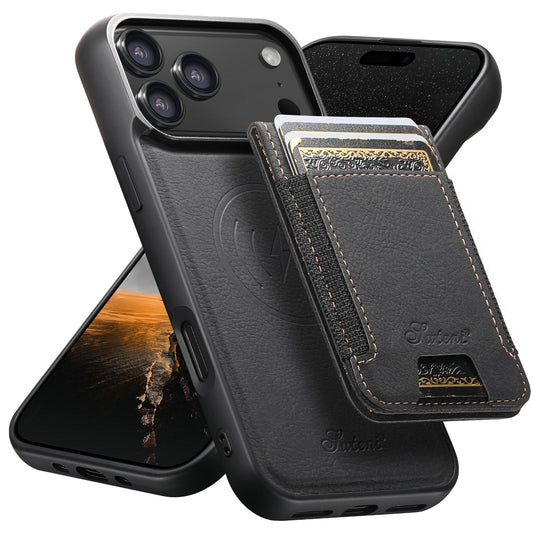 Compatible with iPhone 18 Pro Max Suteni H17 Litchi Texture Leather MagSafe Detachable Wallet Phone Case - Black