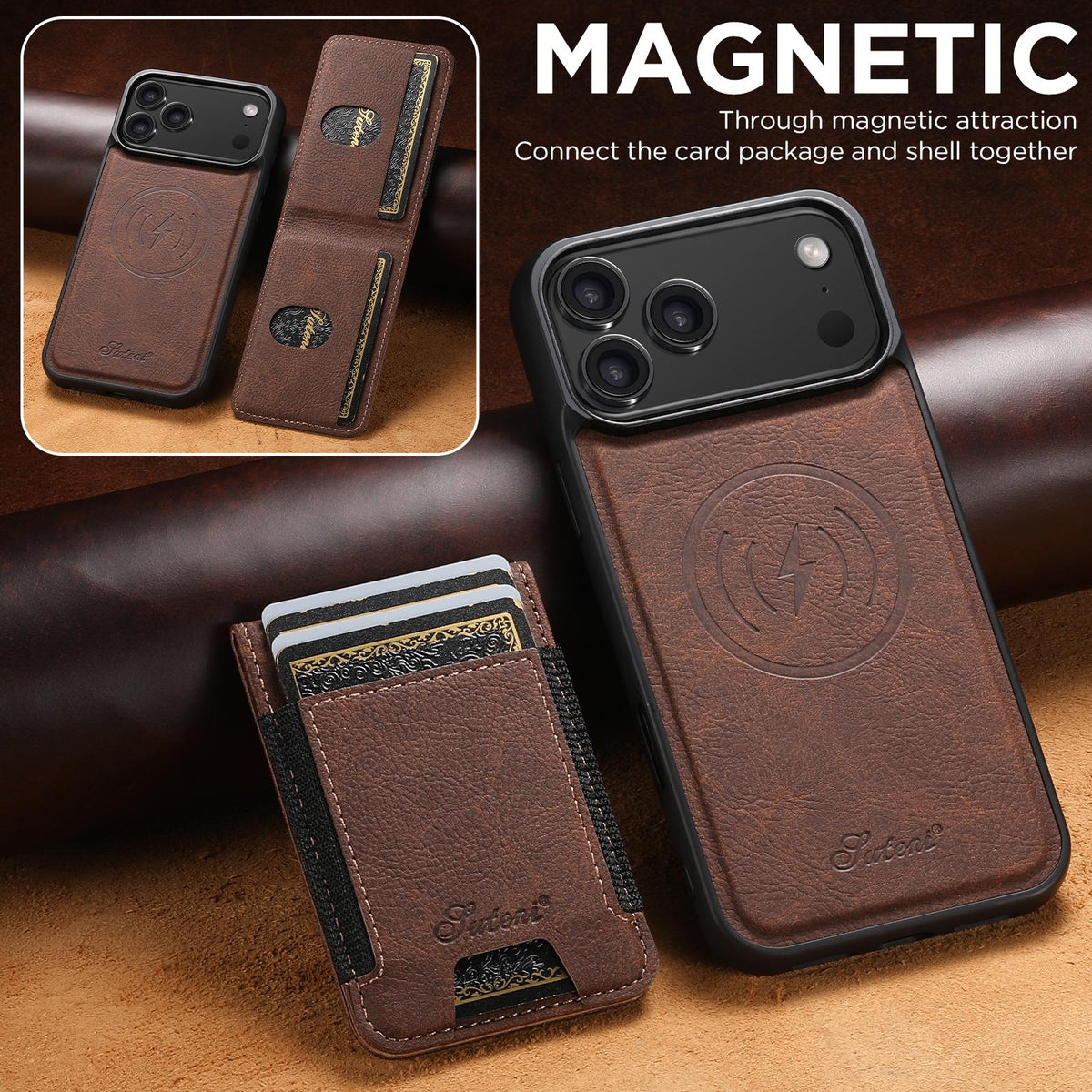 Compatible with iPhone 18 Pro Max Suteni H17 Litchi Texture Leather MagSafe Detachable Wallet Phone Case - Brown