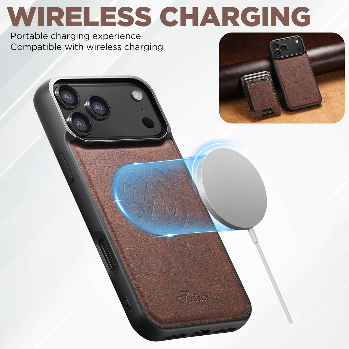 Compatible with iPhone 18 Pro Max Suteni H17 Litchi Texture Leather MagSafe Detachable Wallet Phone Case - Brown