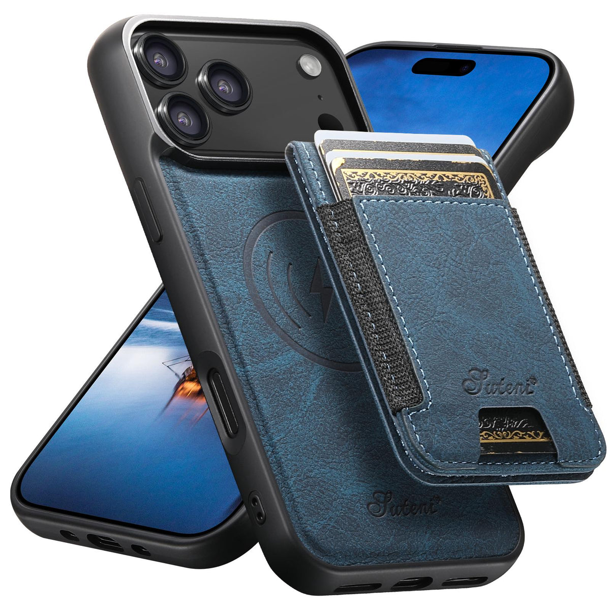 Compatible with iPhone 18 Pro Max Suteni H17 Litchi Texture Leather MagSafe Detachable Wallet Phone Case - Blue