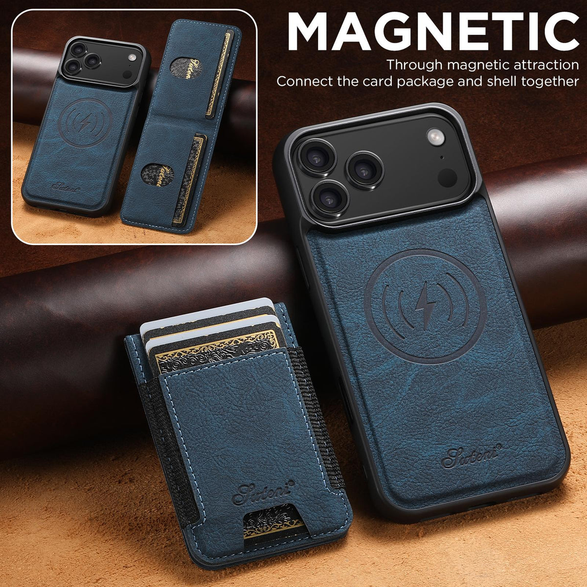 Compatible with iPhone 18 Pro Max Suteni H17 Litchi Texture Leather MagSafe Detachable Wallet Phone Case - Blue