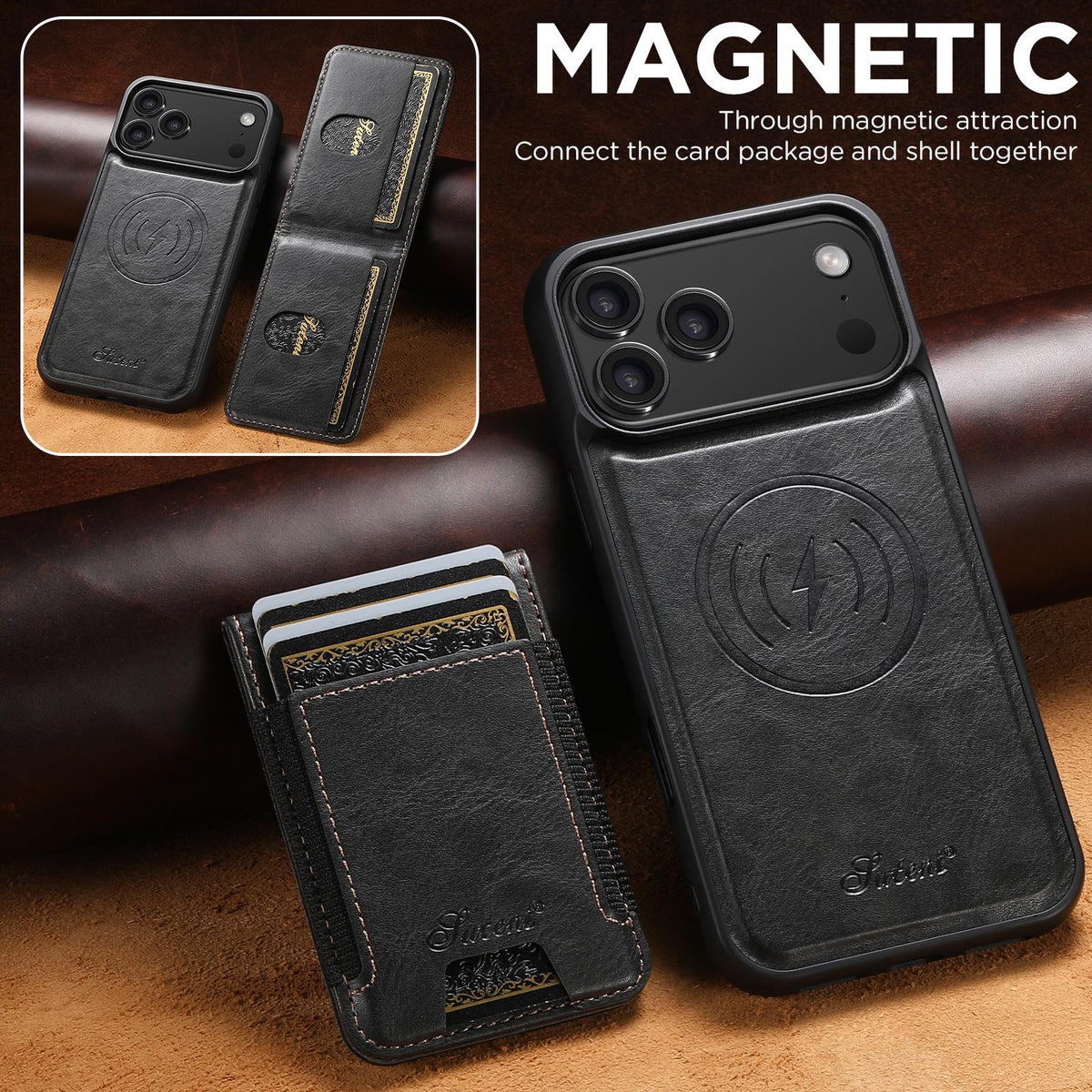 Compatible with iPhone 18 Pro Max Suteni H17 Oil Eax Leather MagSafe Detachable Wallet Phone Case - Black