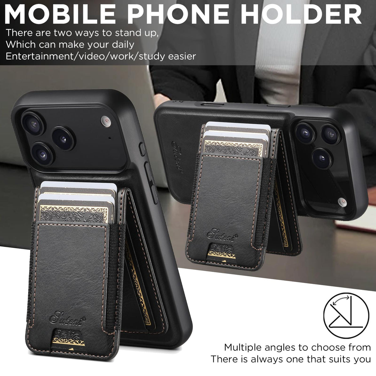 Compatible with iPhone 18 Pro Max Suteni H17 Oil Eax Leather MagSafe Detachable Wallet Phone Case - Black