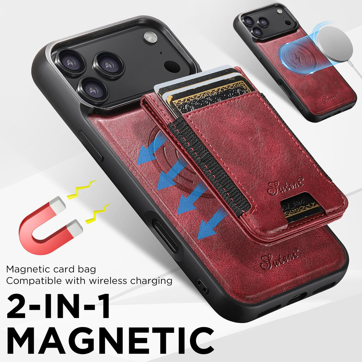 Compatible with iPhone 18 Pro Max Suteni H17 Oil Eax Leather MagSafe Detachable Wallet Phone Case - Red