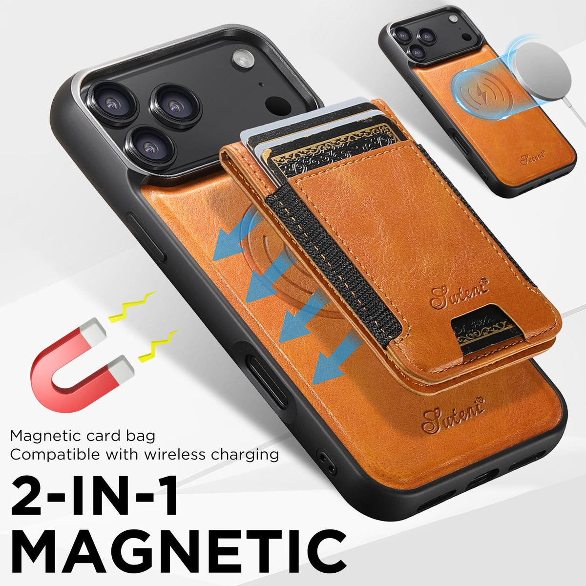 Compatible with iPhone 18 Pro Max Suteni H17 Oil Eax Leather MagSafe Detachable Wallet Phone Case - Khaki