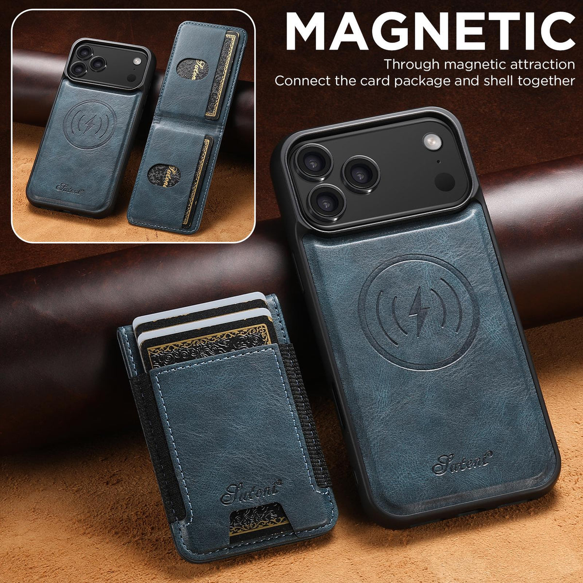 Compatible with iPhone 18 Pro Max Suteni H17 Oil Eax Leather MagSafe Detachable Wallet Phone Case - Blue
