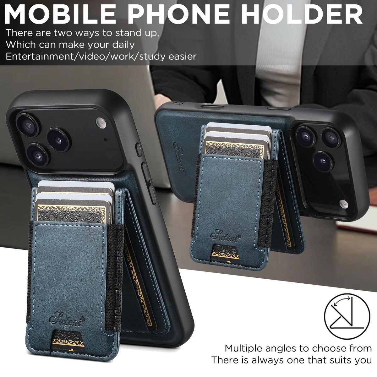 Compatible with iPhone 18 Pro Max Suteni H17 Oil Eax Leather MagSafe Detachable Wallet Phone Case - Blue