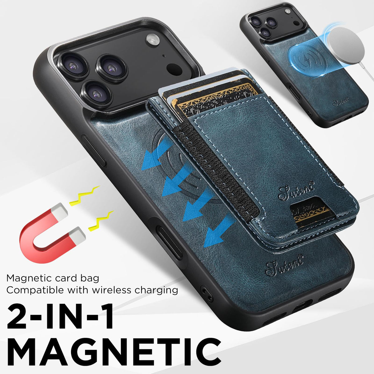 Compatible with iPhone 18 Pro Max Suteni H17 Oil Eax Leather MagSafe Detachable Wallet Phone Case - Blue