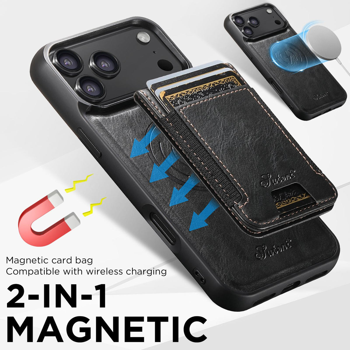Compatible with iPhone 18 Pro Suteni H17 Oil Eax Leather MagSafe Detachable Wallet Phone Case - Black