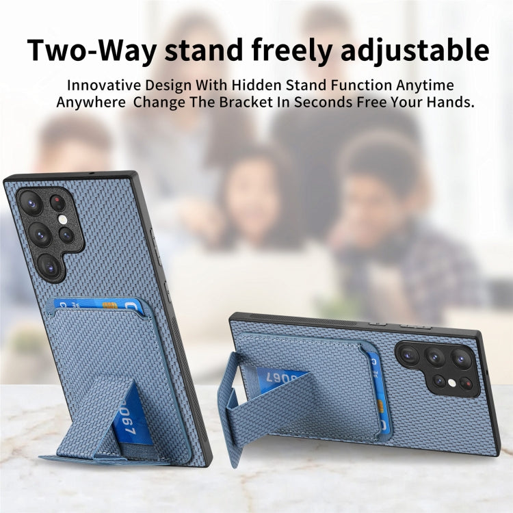 For Samsung Galaxy S24 5G Carbon Fiber Card Bag Fold Stand Phone Case(Blue)