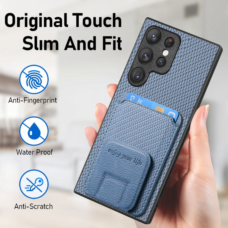 For Samsung Galaxy S24 5G Carbon Fiber Card Bag Fold Stand Phone Case(Blue)