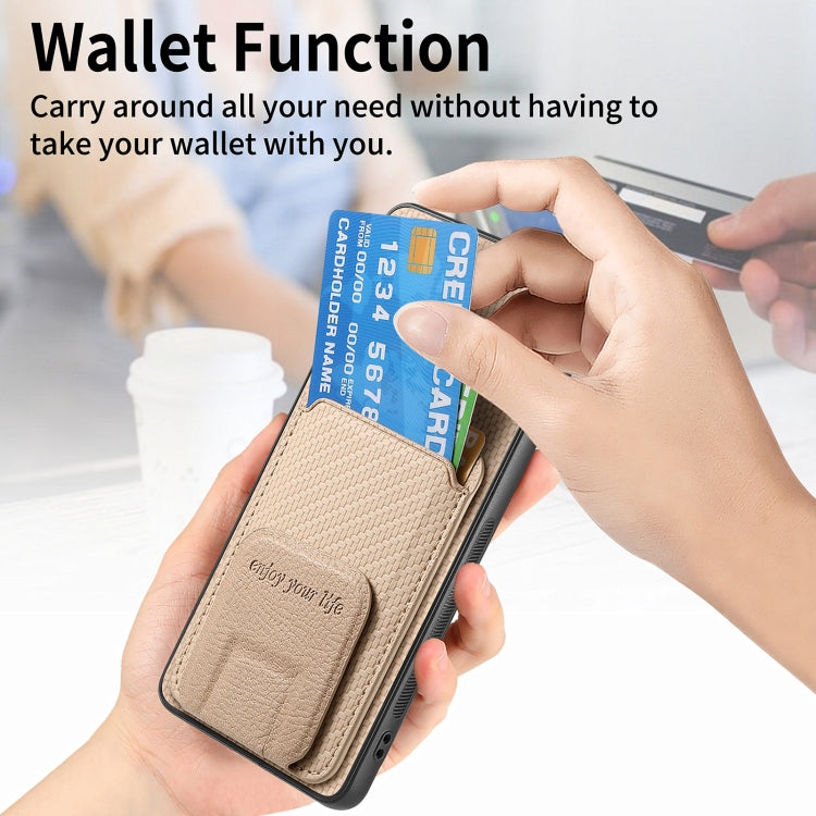 For Samsung Galaxy S24 5G Carbon Fiber Card Bag Fold Stand Phone Case(Khaki)