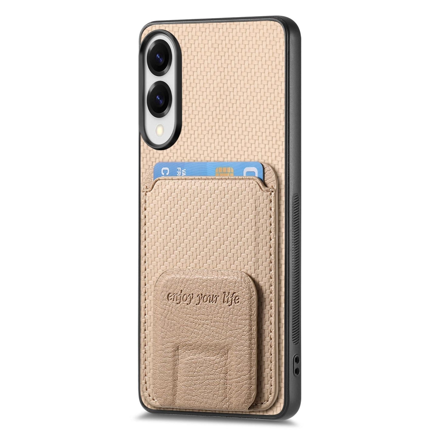 For Samsung Galaxy S25 Edge 5G Carbon Fiber Card Bag Fold Stand Phone Case(Khaki)