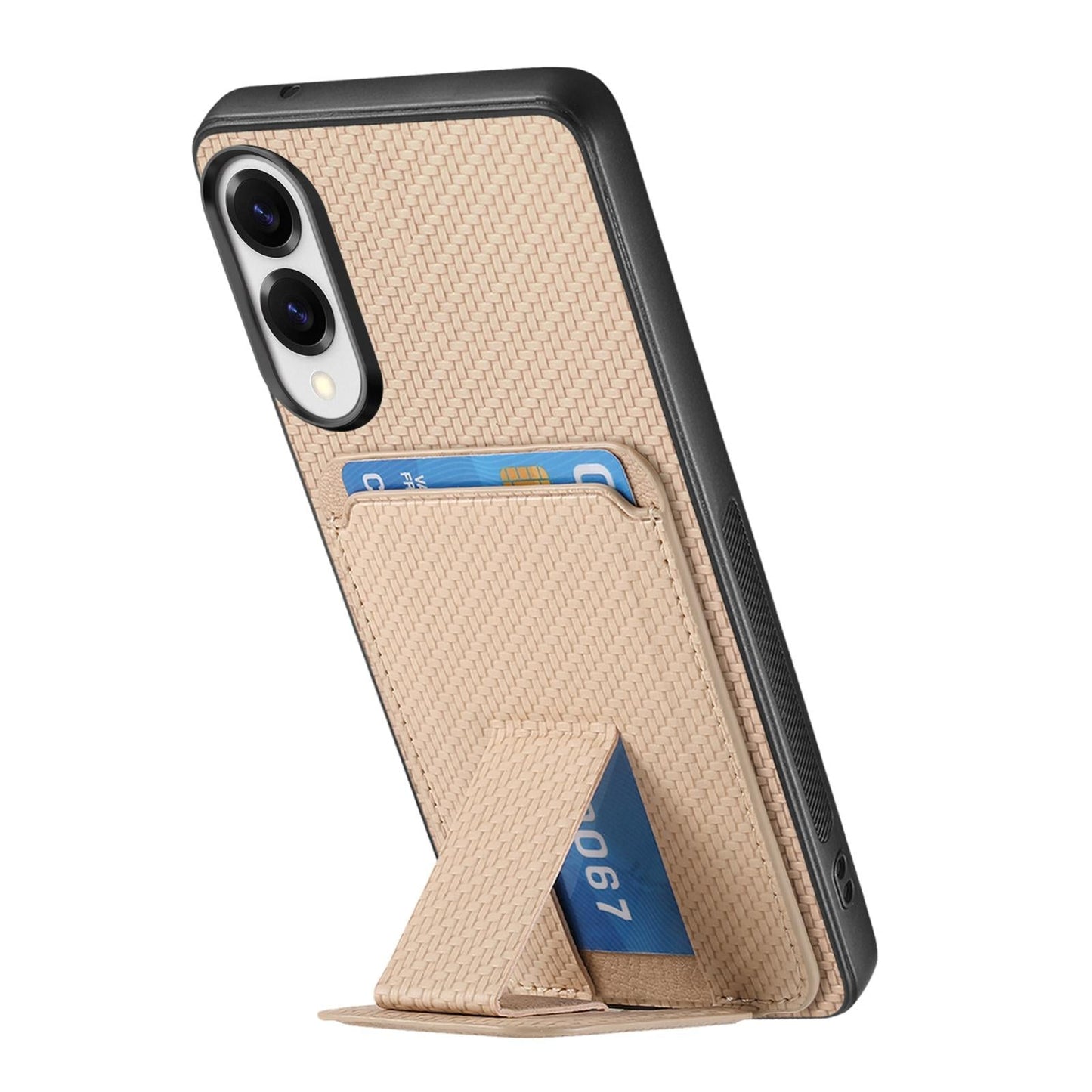 For Samsung Galaxy S25 Edge 5G Carbon Fiber Card Bag Fold Stand Phone Case(Khaki)