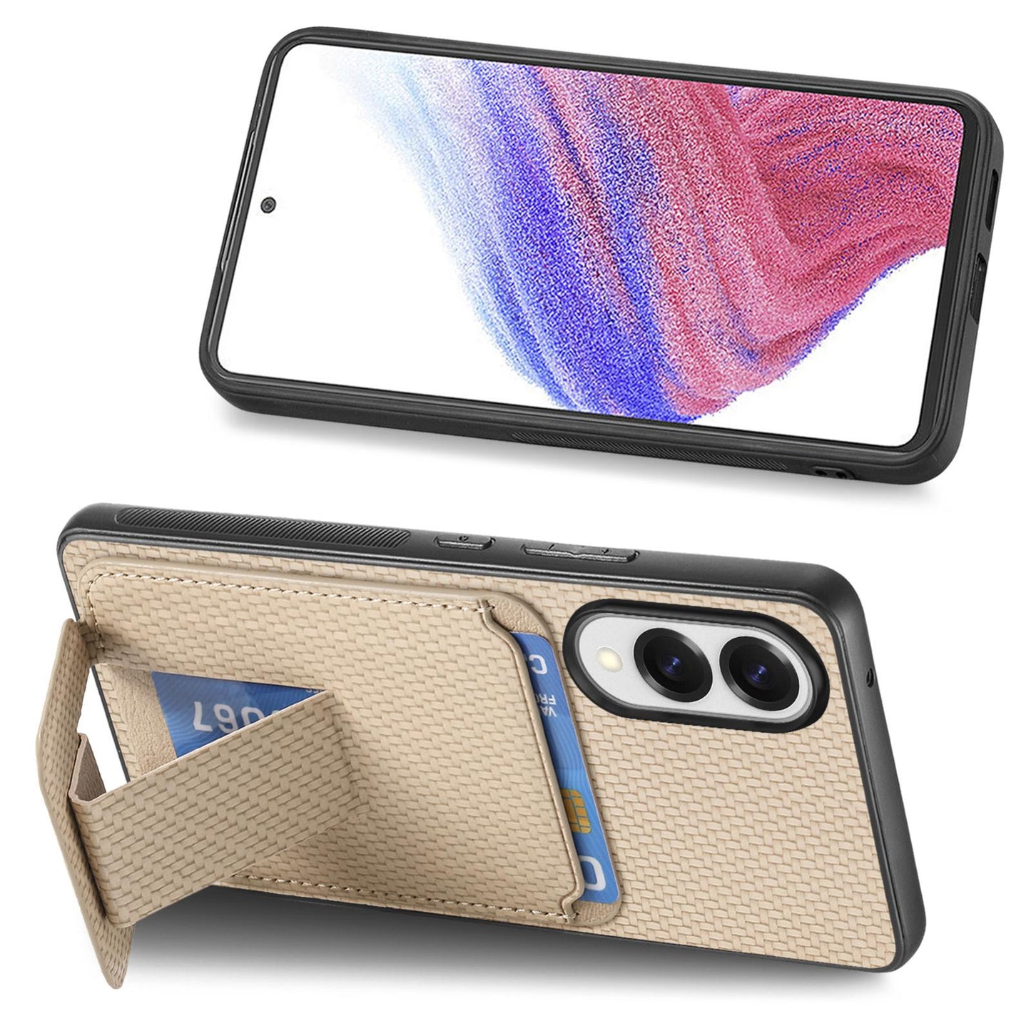 For Samsung Galaxy S25 Edge 5G Carbon Fiber Card Bag Fold Stand Phone Case(Khaki)